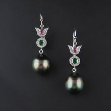 Load image into Gallery viewer, Tahitian Pearl, Emerald, Pink Sapphire and Diamond Earrings
