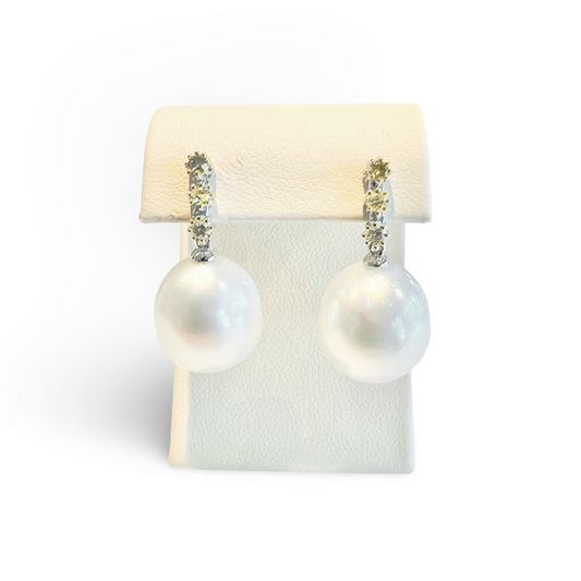 18ct White Gold Diamond & South Sea Cultured Pearl Drop Earrings