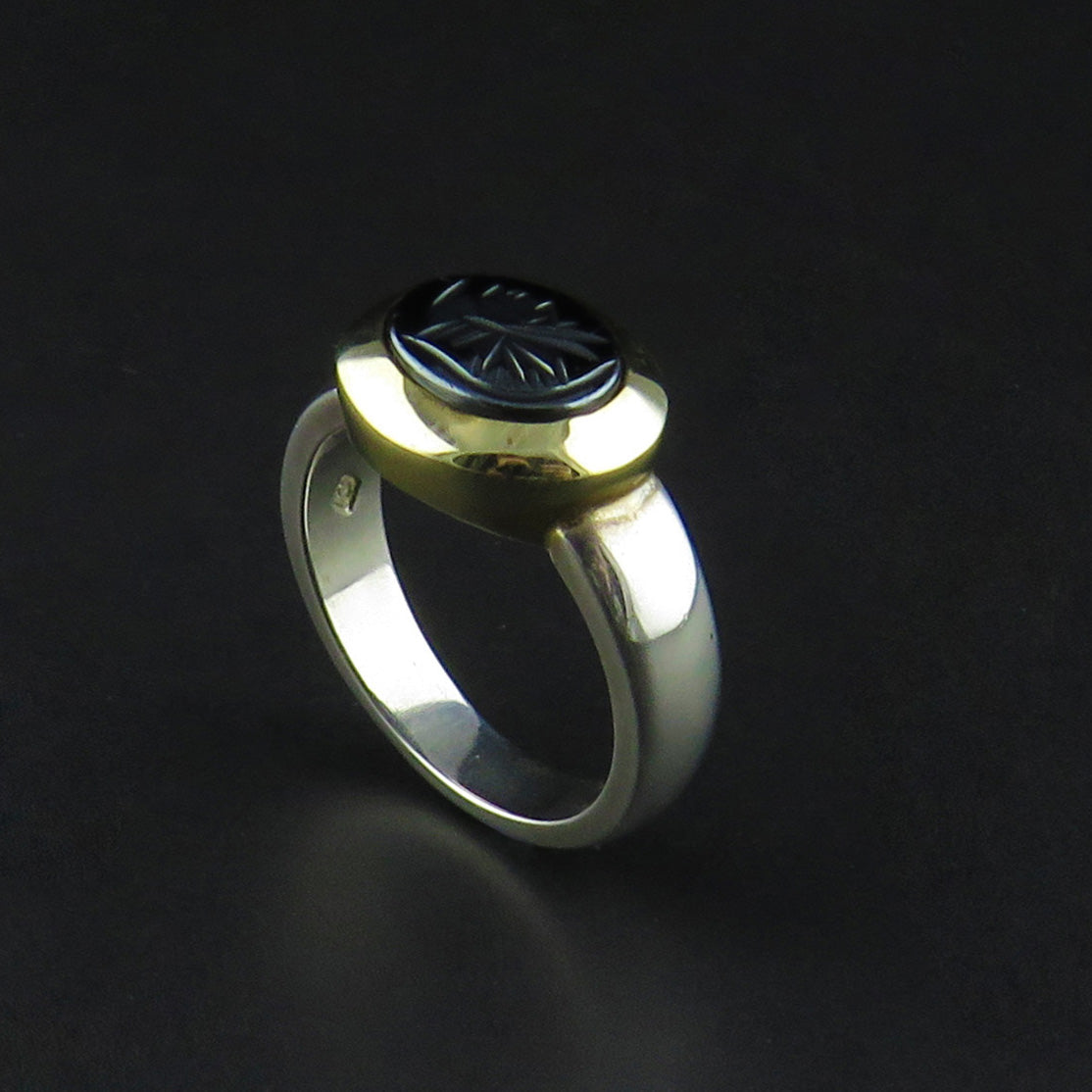 9ct Yellow Gold & Silver Haematite Ring