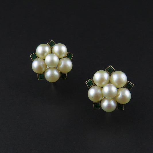 Cultured Pearl and Green Stone Clip on Earrings