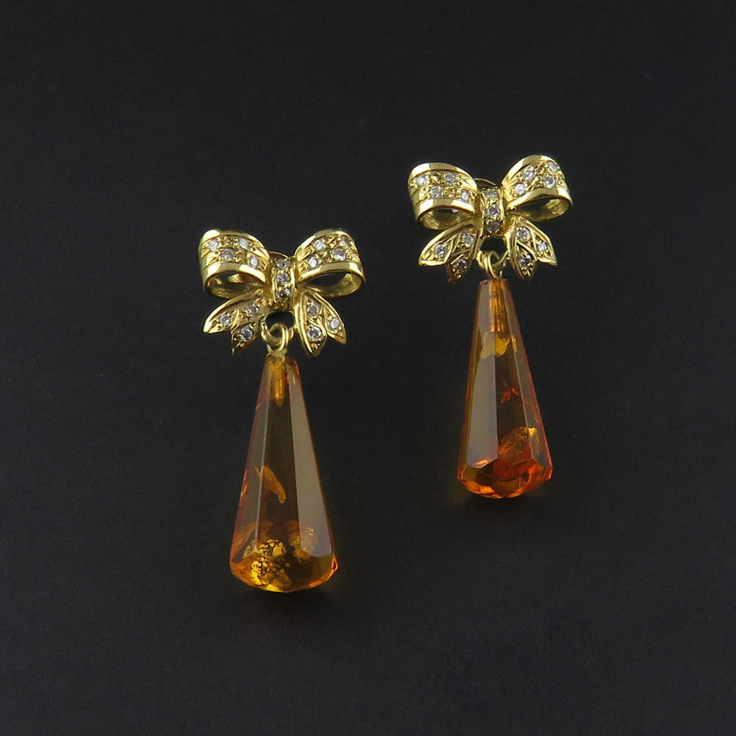 Bow Detail, Amber and Diamond Drop Earrings