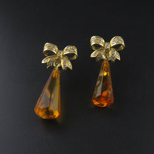 Load image into Gallery viewer, Bow Detail, Amber and Diamond Drop Earrings
