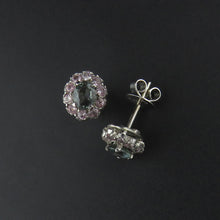 Load image into Gallery viewer, Blue/Green Sapphire and Pink Sapphire Cluster Earrings
