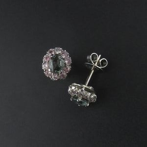 Blue/Green Sapphire and Pink Sapphire Cluster Earrings