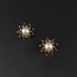 Garnet and Pearl Cluster Earrings