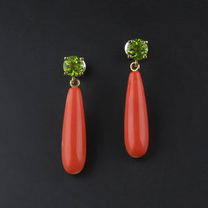 Peridot and Coral Drop Earrings