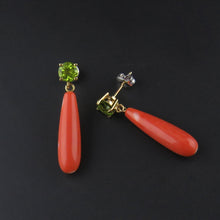Load image into Gallery viewer, Peridot and Coral Drop Earrings
