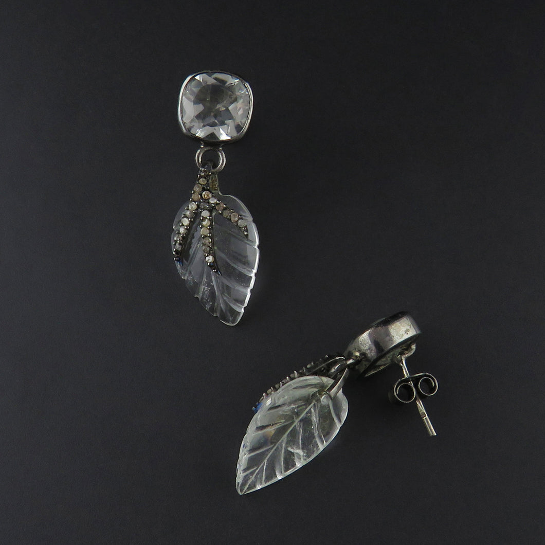Quartz and Diamond Leaf Drop Stud Earrings