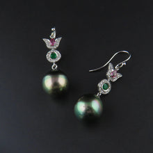 Load image into Gallery viewer, Tahitian Pearl, Emerald, Pink Sapphire and Diamond Earrings
