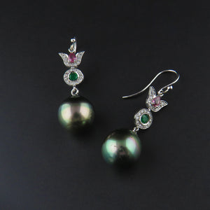 Tahitian Pearl, Emerald, Pink Sapphire and Diamond Earrings